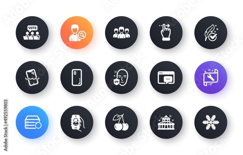 Minimal set of Smartphone cover, Cherry and Touchscreen gesture flat icons for web development. Seo message, Delivery app, Group icons. Smartphone waterproof, Hypoallergenic tested. Vector