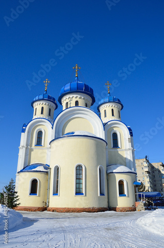 Russia, the city of Arsenyev, domes of the church of the Annunciation of the Blessed Virgin Mary in the winter
