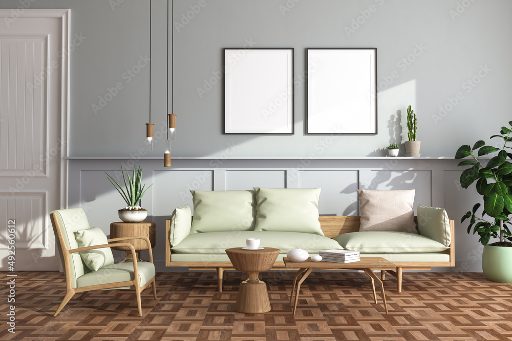 Interior design of cozy living room with stylish sofa, coffee table, cactus, mock up poster, carpet, decoration, pillows, plaid and personal accessories in modern home decor. 3d Rendering
Interior design of cozy living room with stylish sofa, coffee table, cactus, mock up poster, carpet, decoration, pillows, plaid and personal accessories in modern home decor. 3d Rendering