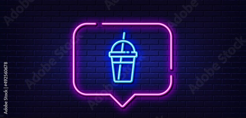 Neon light speech bubble. Coffee cocktail line icon. Hot latte, milkshake sign. Tea drink mug symbol. Neon light background. Coffee cocktail glow line. Brick wall banner. Vector