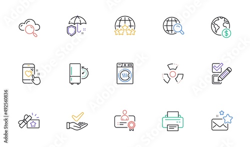 Dermatologically tested, Printer and Cloud computing line icons for website, printing. Collection of Heart rating, Rating stars, Umbrella icons. Internet search, Certificate. Vector