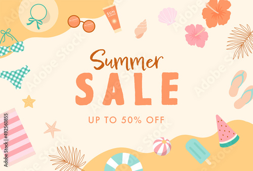 summer vector background with a set of beach icons for banners, cards, flyers, social media wallpapers, etc.