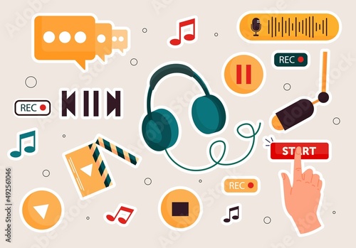 Podcast recording and listening icon set