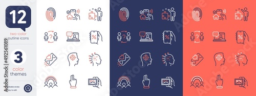 Set of Strategy, House security and Discounts app line icons. Include Artificial intelligence, Image album, Inclusion icons. Click hand, Fingerprint, Friends chat web elements. Vector