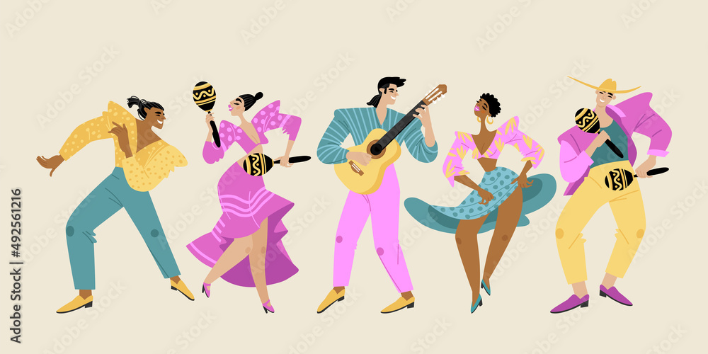 Latin American dancers and musicians with guitar and maracas Latin American dancers and musicians with guitar and maracas