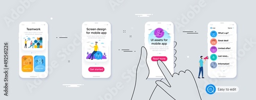 Set of Sharing economy, Like and Teamwork results line icons. Phone ui interface. Include Person info, Student, Woman love icons. Vector