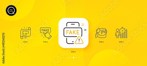 Brush, Business statistics and Architectural plan minimal line icons. Yellow abstract background. Fake news, Fake information icons. For web, application, printing. Vector