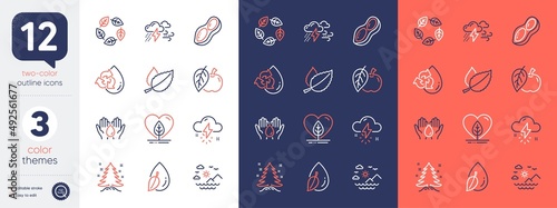 Set of Apple, Bad weather and Peanut line icons. Include Christmas tree, Organic tested, Water drop icons. Local grown, Recycle water, Sea mountains web elements. Mint leaves. Vector