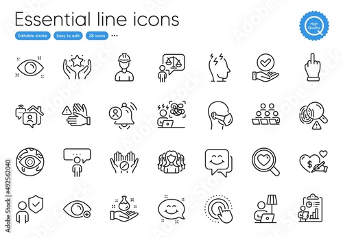 Social care, Medical tablet and Security line icons. Collection of Ranking, Farsightedness, Work home icons. Difficult stress, Fingerprint, Foreman web elements. Search love, Smile face. Vector
