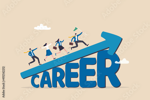 Career growth or career development, improvement or progress to success in work, job promotion and salary increase concept, cheerful businessman and woman running on growing arrow on the word Career.