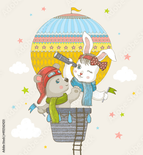 Hot air balloon with cute bear and bunny in basket. Vector hand drawn illustration with funny baby animals with spyglass fly on airship. Vintage kids poster in engaving style photo