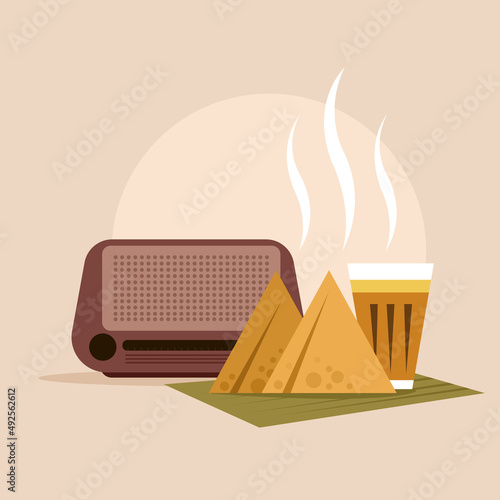 Indian style tea and Samosa with old radio