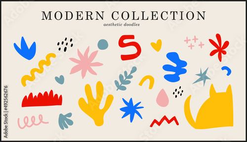 Set of minimalistic aesthetic doodles and abstract bright elements on isolated background. Large collection of elements, unusual shapes in matisse art style hand-drawn.