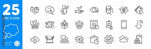 Outline icons set. Customer survey, Delivery warning and Smartphone icons. Scroll down, Farsightedness, Cake web elements. Creativity concept, Security agency, Dating app signs. Vector
