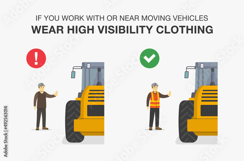Workplace golden safety rule. Wear high visibility clothing if you work with or near moving vehicles warning poster design. Flat vector illustration template.