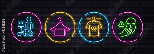 Cleaning, Clean towel and Dry t-shirt minimal line icons. Neon laser 3d lights. Dont touch icons. For web, application, printing. Clean service, Laundry hanger, Laundry shirt. Vector
