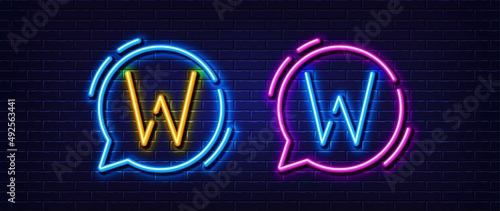 Initial letter W icon. Neon light line effect. Line typography character sign. Large first font letter. Glowing neon light speech bubble. Letter W glow 3d line. Brick wall banner. Vector