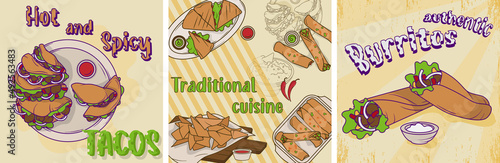 Set of three illustration with Mexican traditional food: tacos, burritos, quesadillas, enchilada, nachos. Vector illustration in cartoon style perfect for banner, poster, design of café, menu.