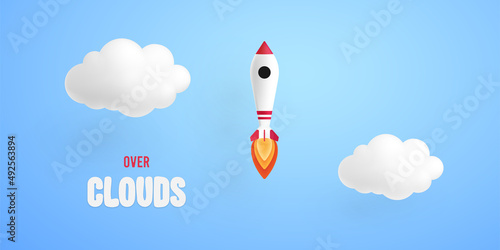 Rocket flying over clouds 3d illustration