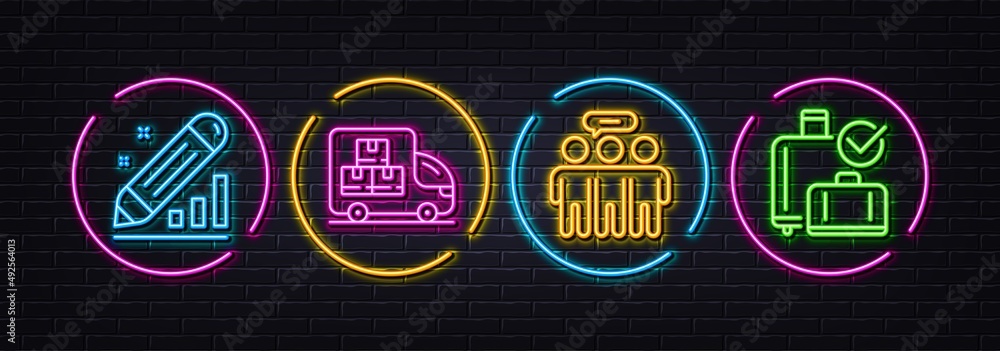 Employees group, Delivery truck and Edit statistics minimal line icons. Neon laser 3d lights. Baggage reclaim icons. For web, application, printing. Collaboration, Warehouse pallet, Seo manage. Vector