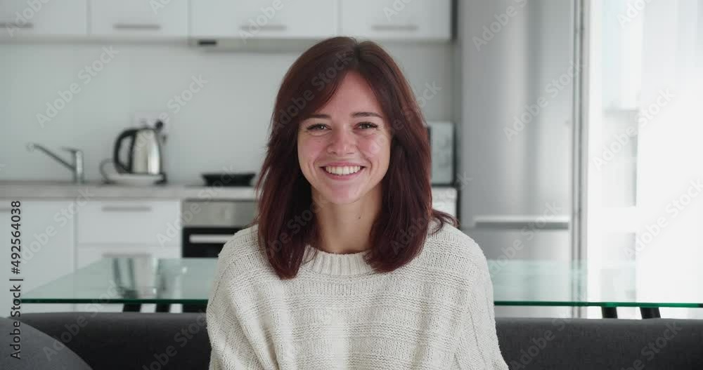 Head shot happy portrait caucasian girl young woman satisfied with millennial blonde with healthy white toothy smile looking at camera confident model posing indoors Head shot happy portrait caucasian girl young woman satisfied with millennial blonde with healthy white toothy smile looking at camera confident model posing indoors