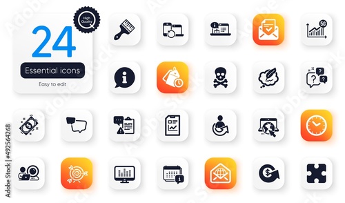 Set of Education flat icons. Time, Time management and Web mail elements for web application. Calendar, Report document, 5g statistics icons. Clipboard, Share, Brush elements. Vector