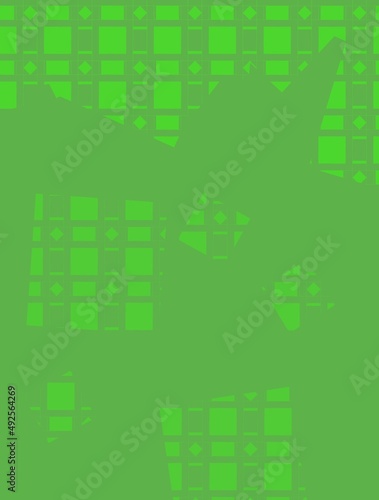 Vertical illustration, vivid green background with abstract squares pattern 