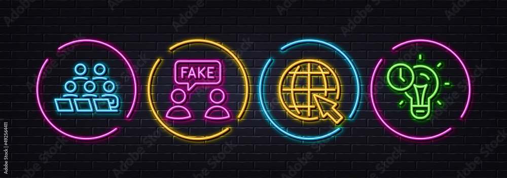 Internet, Teamwork and Fake information minimal line icons. Neon laser 3d lights. Time management icons. For web, application, printing. World web, Remote work, Wrong talk. Idea lightbulb. Vector
