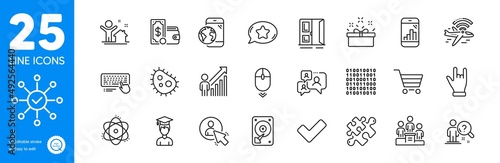 Outline icons set. Student, Atom and Favorite chat icons. New house, Computer keyboard, Scroll down web elements. Hdd, Binary code, Horns hand signs. Graph phone, Employee result. Vector