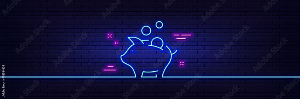 Neon light glow effect. Piggy bank line icon. Coins money sign. Business savings symbol. 3d line neon glow icon. Brick wall banner. Piggy bank outline. Vector Neon light glow effect. Piggy bank line icon. Coins money sign. Business savings symbol. 3d line neon glow icon. Brick wall banner. Piggy bank outline. Vector