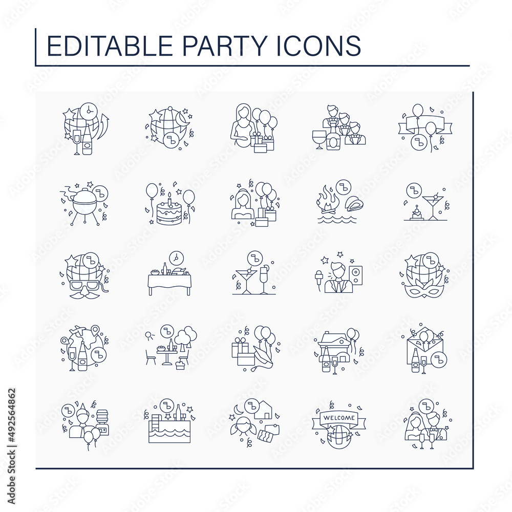 Parties line icons set. Different parties. Celebration of special occasions. Celebrating concept. Isolated vector illustration. Editable stroke