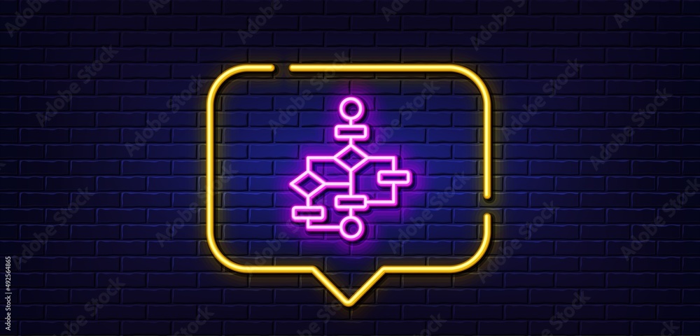 Neon light speech bubble. Block diagram line icon. Path scheme sign. Algorithm symbol. Neon light background. Block diagram glow line. Brick wall banner. Vector Neon light speech bubble. Block diagram line icon. Path scheme sign. Algorithm symbol. Neon light background. Block diagram glow line. Brick wall banner. Vector
