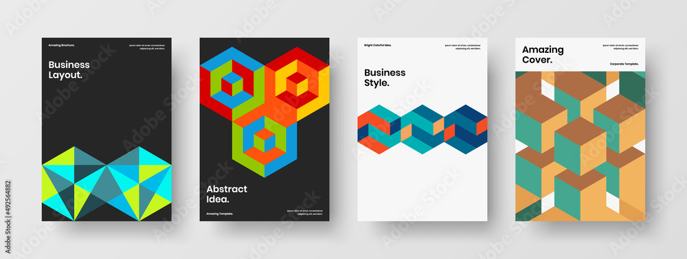 Amazing annual report design vector layout composition. Vivid mosaic hexagons postcard template set.