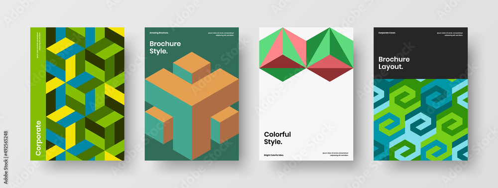 Fototapeta premium Fresh company identity A4 vector design illustration collection. Colorful geometric pattern corporate brochure template set.