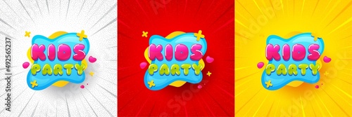 Kids party sticker. Flash offer banner, coupon or poster. Fun playing zone banner. Children games party area icon. Kids party promo banner. Retail marketing flyer. Starburst pop art. Vector