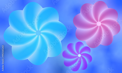 3D vector drawing in the form of multicolored flowers on a blue background