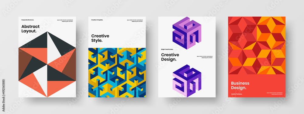 Original geometric shapes booklet layout composition. Fresh cover A4 design vector illustration set.