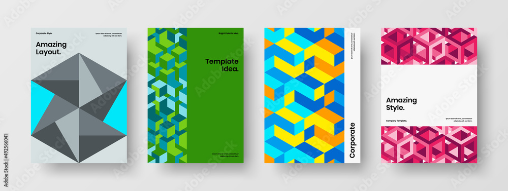 Fresh geometric tiles annual report illustration composition. Creative pamphlet A4 design vector concept set.
