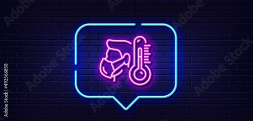 Neon light speech bubble. Sick man with mask line icon. Temperature thermometer sign. Flu illness symbol. Neon light background. Sick man glow line. Brick wall banner. Vector