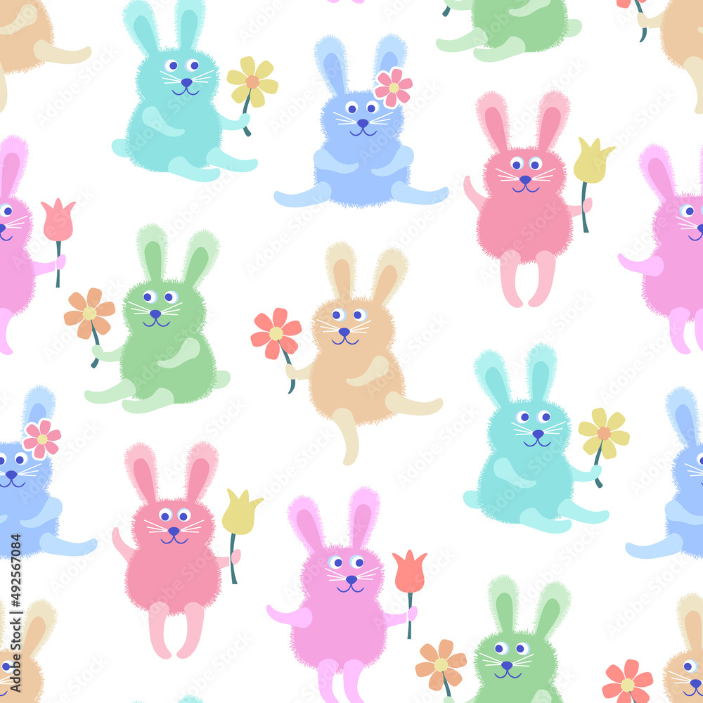 Fototapeta premium Funny Bunnies with Spring Flowers