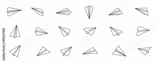 Plane icon with fly rout vector. Paper airplane in hand drawn style. Outline paper aircraft. Doodle message, sms, e-mail symbols.