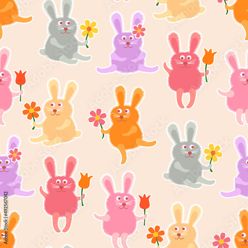 Funny Bunnies with Spring Flowers