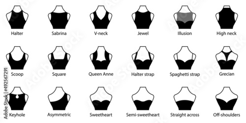 Neckline Type of Women Dress. Neck Line Fashion Blouse, Shirt Silhouette Pictogram Set. Strapless Decolletage, Halter, Sweetheart, Queen Anne, V-Neck, Off Shoulder. Isolated Vector Illustration