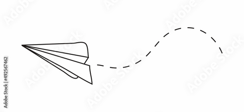 Plane icon with fly rout vector. Paper airplane in hand drawn style. Outline paper aircraft. Doodle message, sms, e-mail symbols.