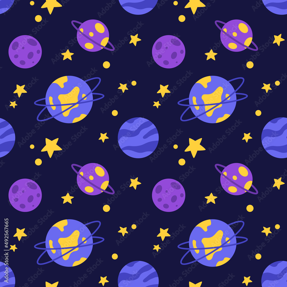 Vector seamless pattern with planets and stars. Space background in blue, yellow and perple colors.