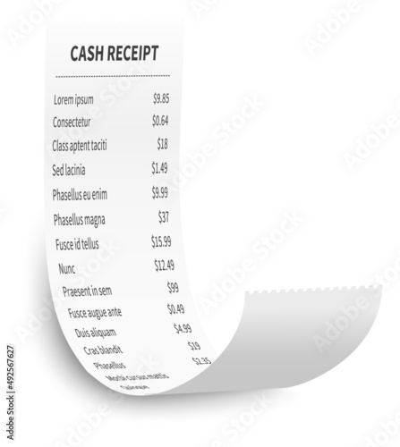 Printed purchase bill. Paper roll with cash amount