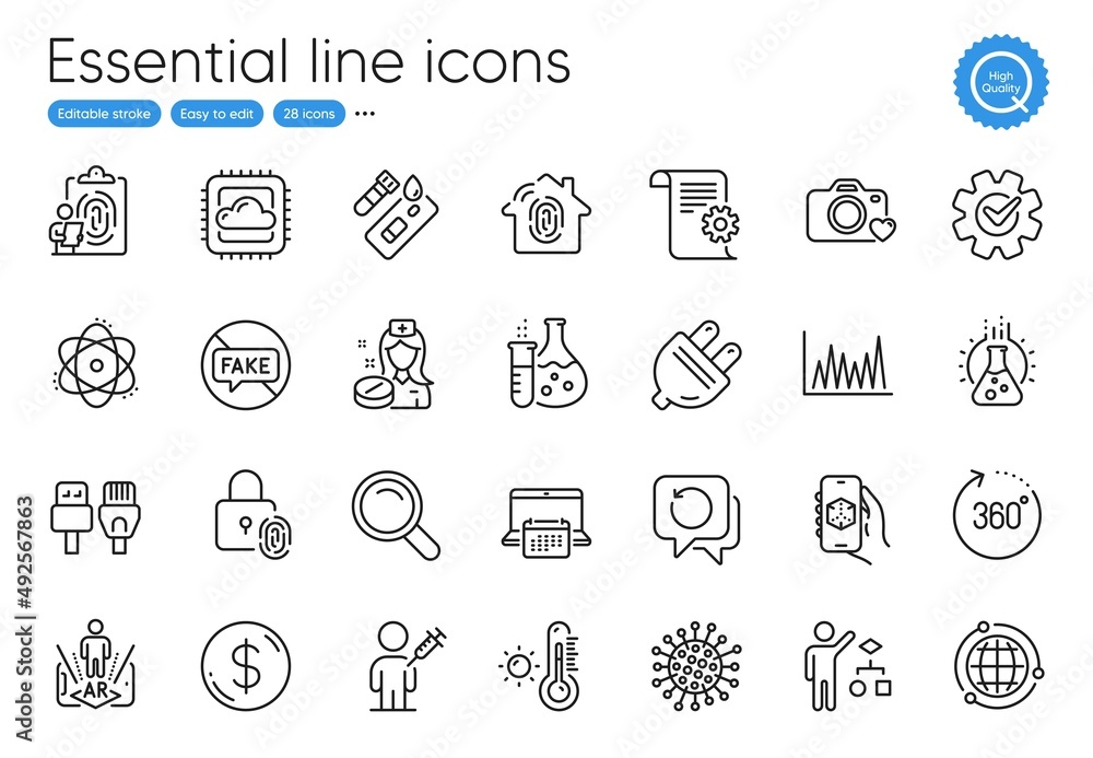 Computer cables, Fingerprint and Weather thermometer line icons. Collection of Technical documentation, Calendar, Augmented reality icons. Nurse, Chemistry lab, 3d app web elements. Vector Computer cables, Fingerprint and Weather thermometer line icons. Collection of Technical documentation, Calendar, Augmented reality icons. Nurse, Chemistry lab, 3d app web elements. Vector