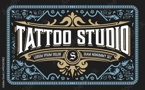 Tattoo logo with vintage ornaments. Layered