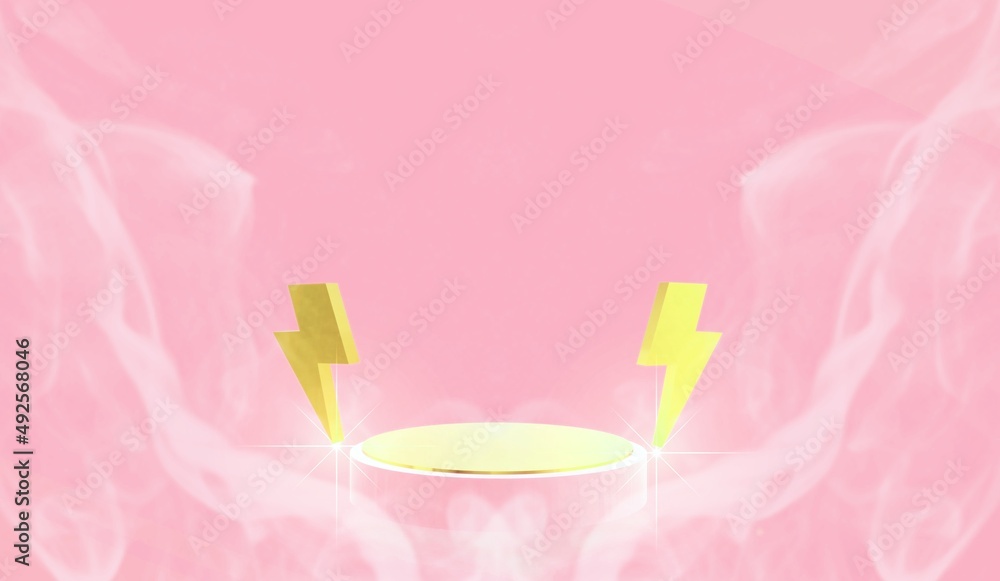 3d illustration pink stage podium background with lightning lightning smoke