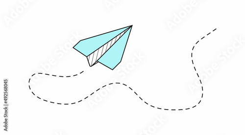 Plane icon with fly rout vector. Paper airplane in hand drawn style. Outline paper aircraft. Doodle message, sms, e-mail symbols.